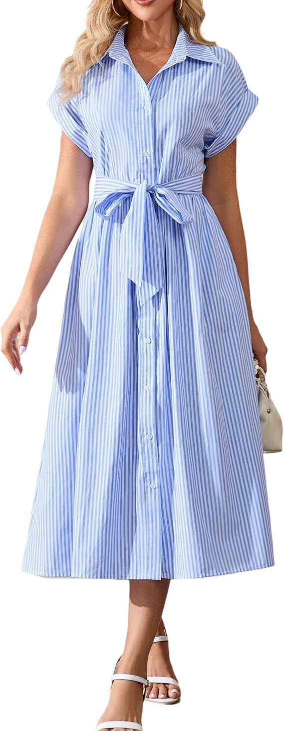 Ladyful Womens Striped Shirt Dress Short Sleeve Midi Dress Casual Button Down Party Wedding Guest... | Amazon (US)
