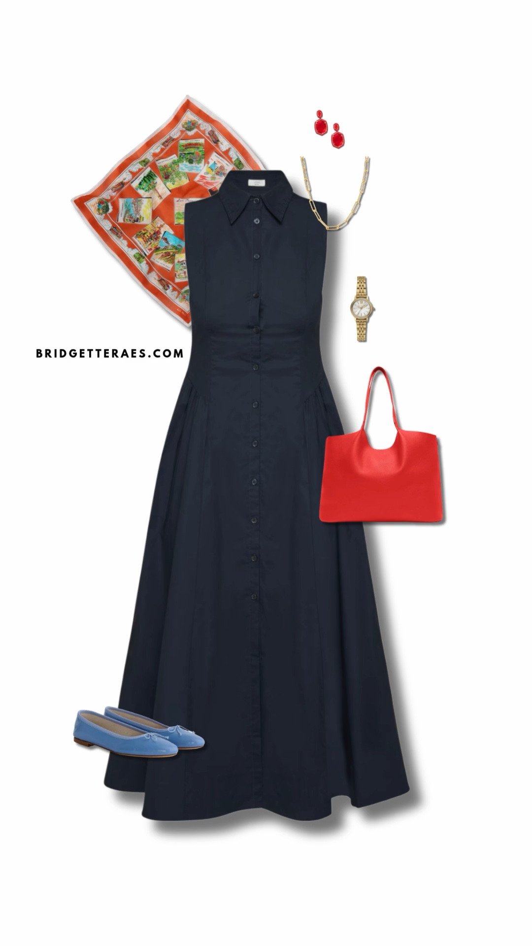 A tailored navy midi dress creates a clean, elegant silhouette, while bold red accessories add energy and confidence without overwhelming the simplicity of the base. Soft blue flats introduce a subtle contrast that keeps the palette fresh and balanced, while gold jewelry adds a touch of warmth and refinement. The printed scarf brings in personality and visual interest, tying the entire look together with a hint of creativity. It’s a classic, feminine outfit that feels polished, confident, and just a little bit fun.

#LTKOver40 #LTKWorkwear #LTKootd
