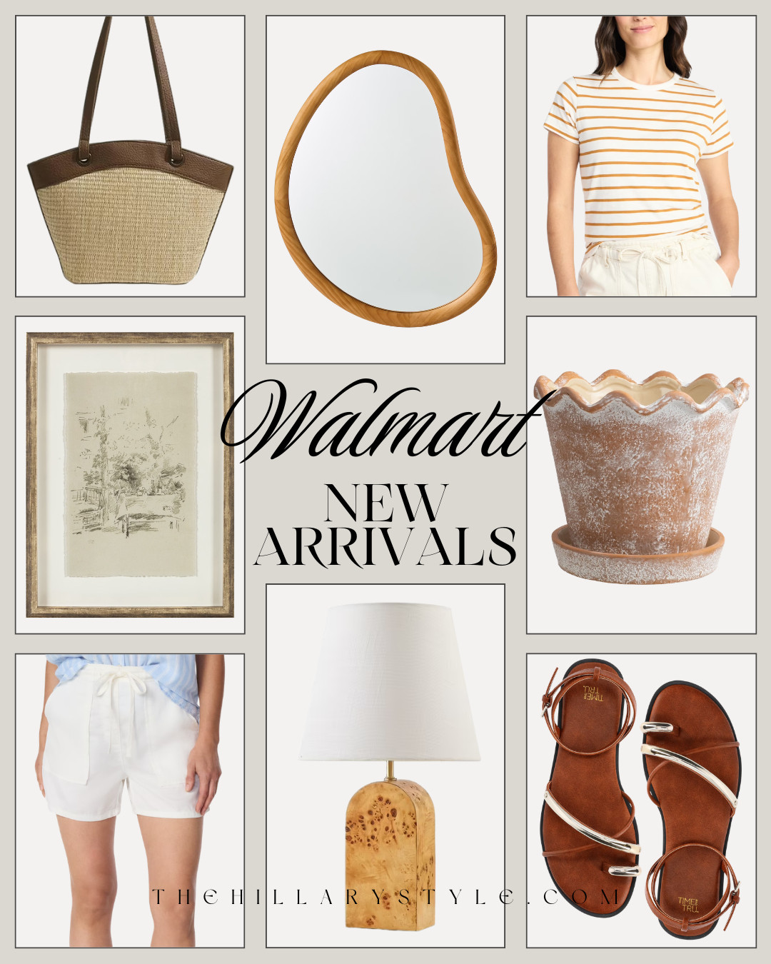 Walmart New Arrivals: Warm Minimalist Summer Staples
Elevate your summer aesthetic with these affordable new arrivals from Walmart. Nail the effortless, quiet luxury look with a classic striped tee, breathable white linen-blend drawstring shorts, strappy metallic-accent sandals, and a chic straw tote bag. Complete your home refresh with modern organic decor, featuring an asymmetrical wavy wooden mirror, a burled wood table lamp, a scalloped terracotta planter, and vintage-inspired framed sketch art. 

 #TheHillaryStyle #WalmartFinds #WalmartStyle #WarmMinimalism #QuietLuxury #SummerFashion #HomeDecor #ModernOrganic #LuxeForLess #SummerOOTD #NeutralAesthetic 

#LTKootd #LTKSeasonal #LTKHome