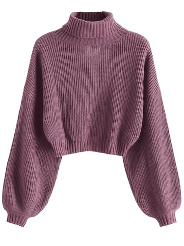 ZAFUL Women's Cropped Turtleneck Sweater Lantern Sleeve Ribbed Knit Pullover Sweater Jumper (2-Purple, M) | Amazon (US)