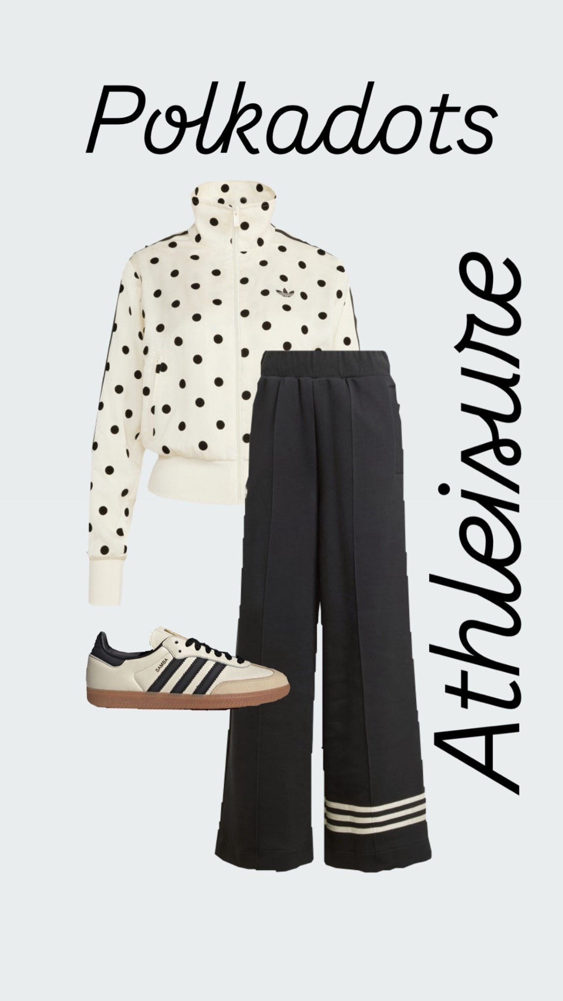 New Adidas cream and black polkadot jacket and casual leisure pants with adidas sambas casual everyday outfit look

#LTKootd #LTKOver40 #LTKActive