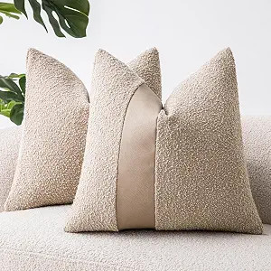 18"x18" Oatmeal Boucle Throw Pillow Covers with Faux Leather Accents Set of 2 Fluffy Textured Dec... | Amazon (US)