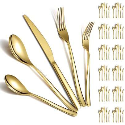Silverware Set 60pcs Service For 12, Golden Titanium Plating Stainless Steel Flatware Set, Gold Spoons Forks Knives Set For Home, Wedding, Restaurant, | SHEIN