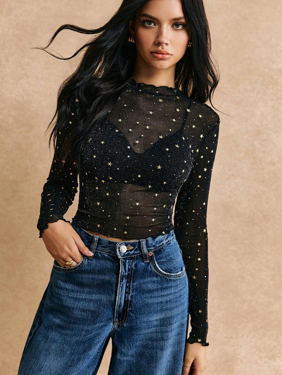 Poéselle Lettuce Trim Star Mesh Top, Blingbling Bottoming Tee | SHEIN
