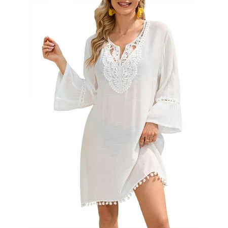 Bsubseach Swimwear Cover Up for Women White Long Sleeve Bikini Coverups Sheer Short Dress | Walmart (US)