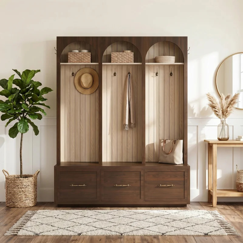 Farmhouse Wooden Style Dark Walnut Hall Tree with Arched Frame, Padded Bench, Drawers and 8 Metal... | Wayfair North America