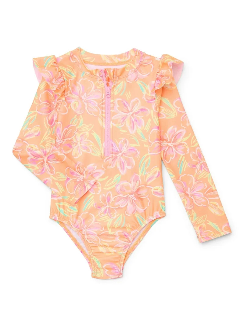 Wonder Nation Baby and Toddler Girls Long Sleeve Swim Rashguard One-Piece, Size 12M-5T | Walmart (US)