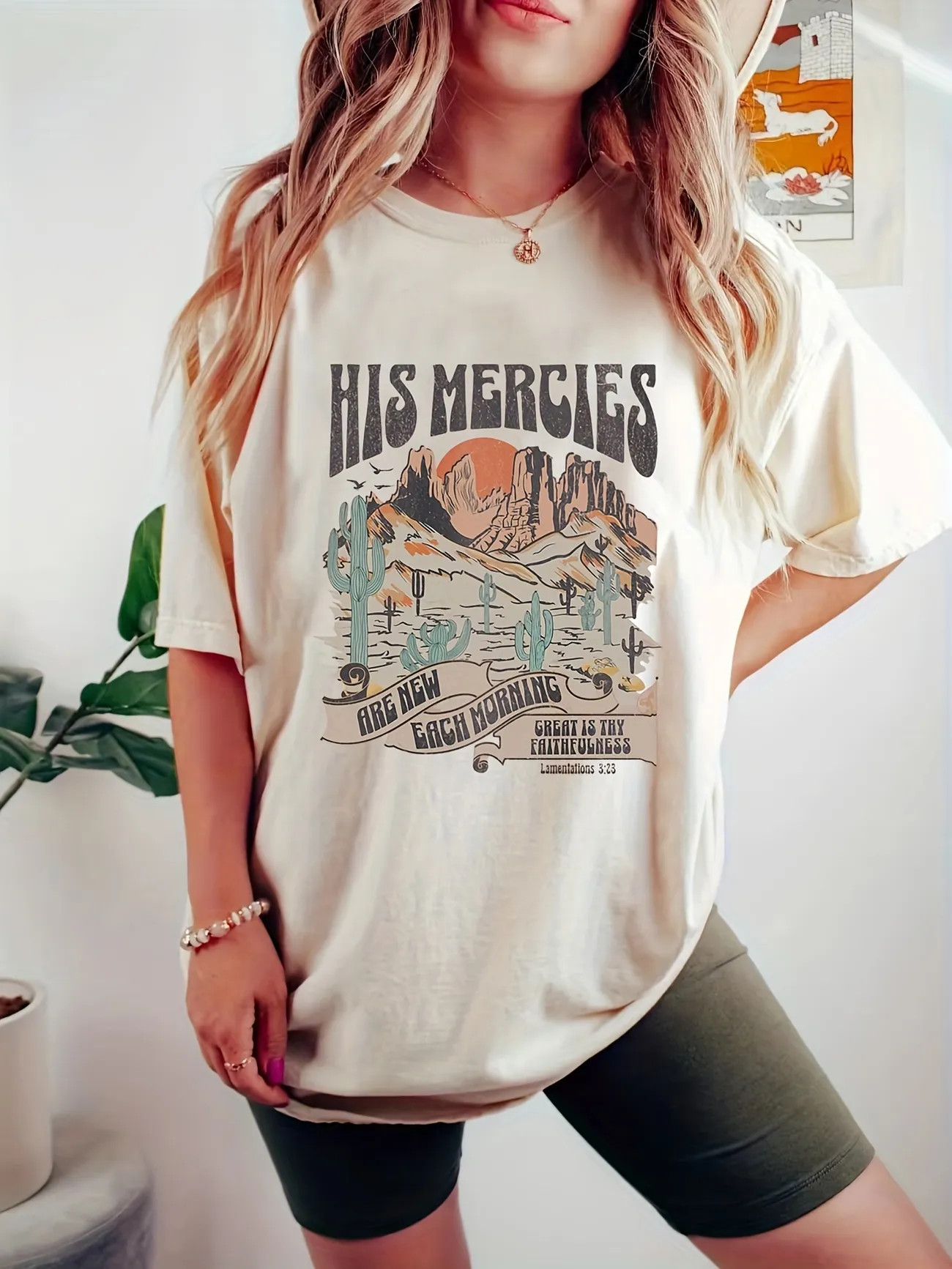 Landscape Print Crew Neck T-Shirt, Casual Drop Shoulder Top For Spring & Summer, Women's Clothing | Temu Affiliate Program