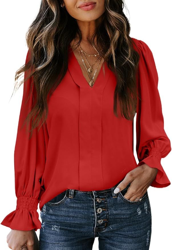 EVALESS Womens Fashion Tops V Neck Blouses Dressy Casual Long Sleeve Shirts 2023 Fall Outfits Lig... | Amazon (US)