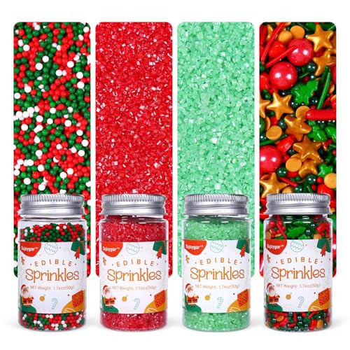 Christmas Sprinkles for Cupcake Toppers, Edible Christmas Sprinkles Set, Sujoygar Sprinkles for Cake Baking Decorating Cookies Holiday Sprinkles Mix, 50g/4 Bottles | Amazon (US)