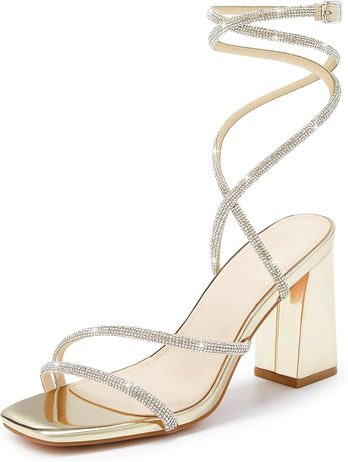 Coutgo Womens Lace Up Chunky Heels Rhinestone Sandals Square Open Toe High Block Heeled Wedding D... | Amazon (US)