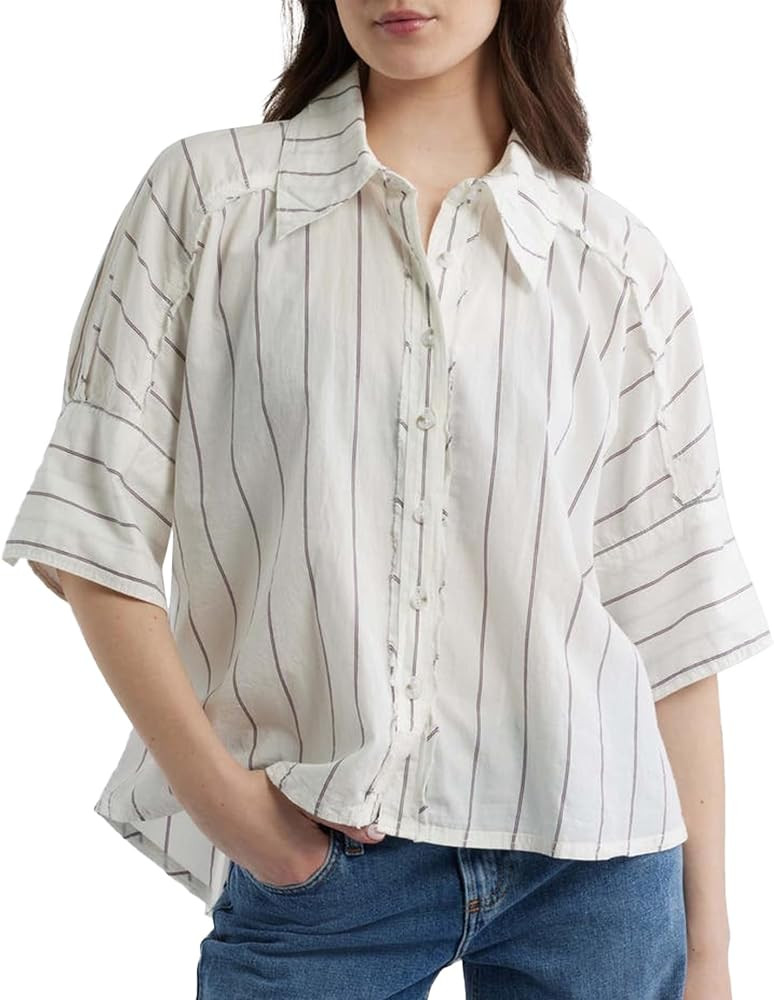 Womens Striped Button Down Shirts Oversized Slightly Puffed Short Sleeve Cotton Blouses Casual Co... | Amazon (US)