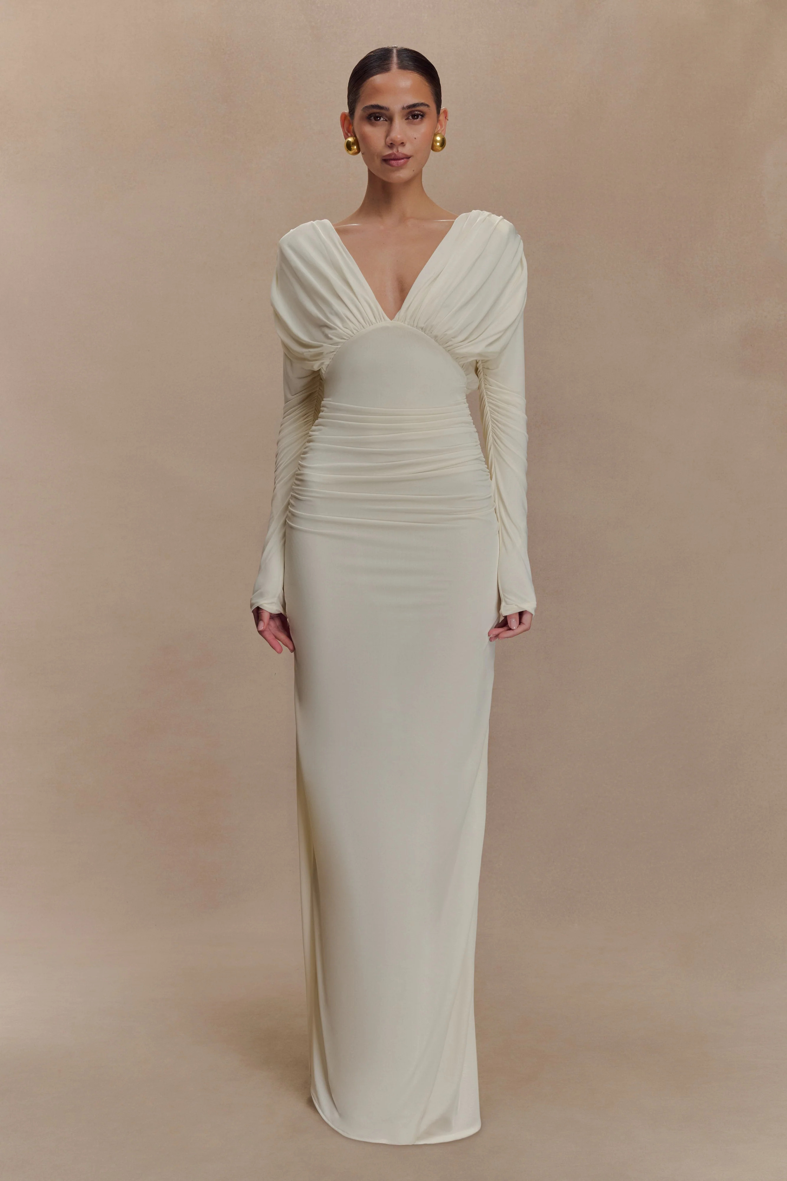 Hayden Long Sleeve Plunge Maxi Dress - Ivory | MESHKI US