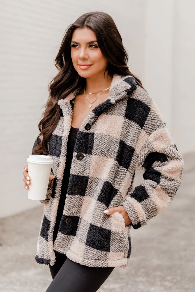 Back In Time Beige And Black Plaid Sherpa Shacket | Pink Lily