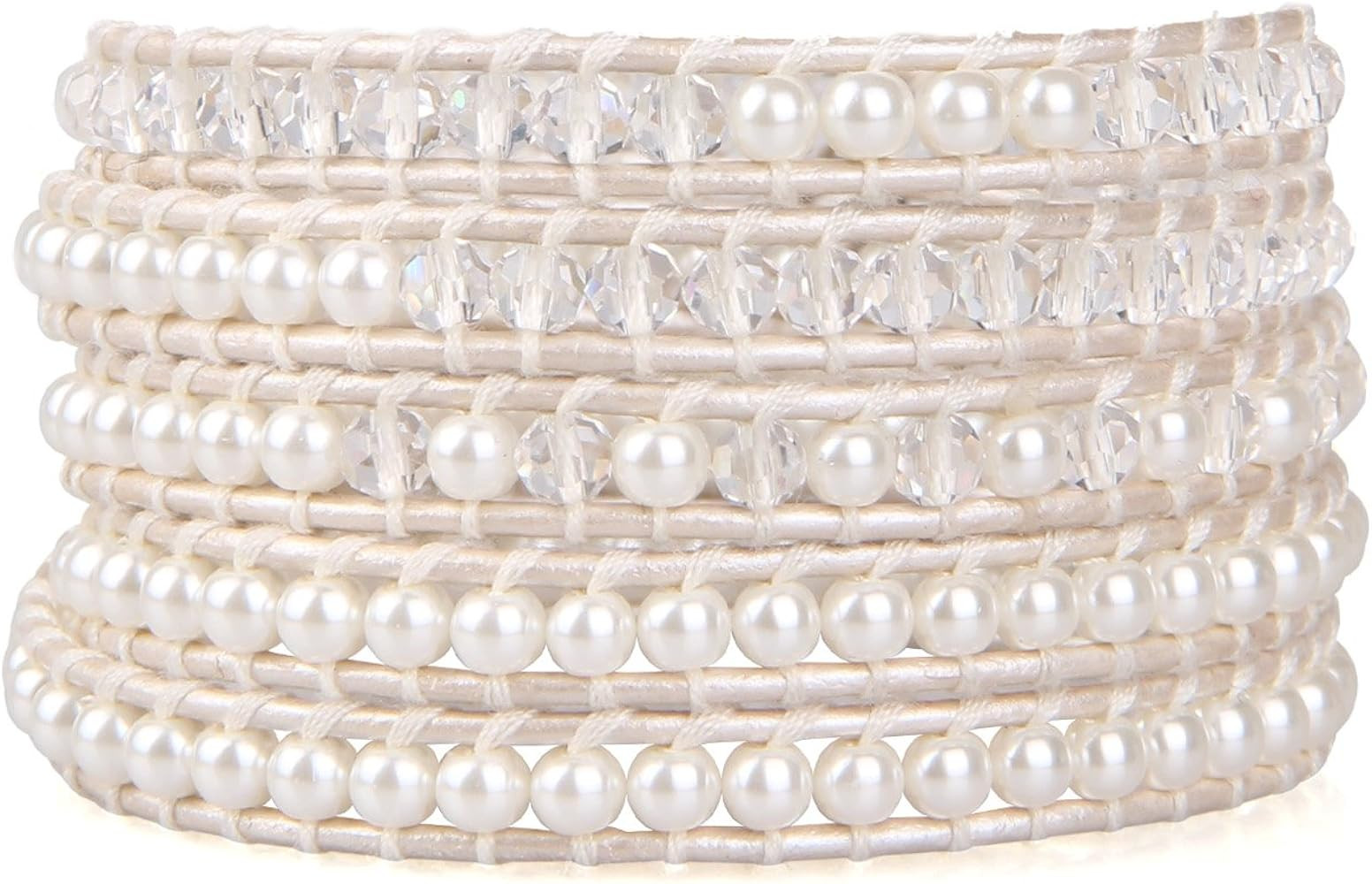 KELITCH Pearl Crystal Beads Bracelets Handmade Natural Leather 5 Wrap Bracelet for Women Classic ... | Amazon (US)