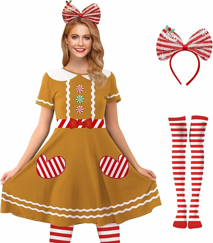 For G and PL Women's Christmas Elf Costume Short Sleeve Red Green Graphic Swing Dress with Headba... | Amazon (US)