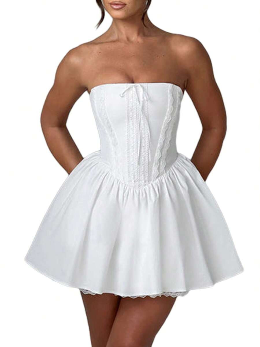 Women's Corset Mini Dress Strapless Lace Trim Solid Color Tube Top Dress Short Party Dress | SHEIN
