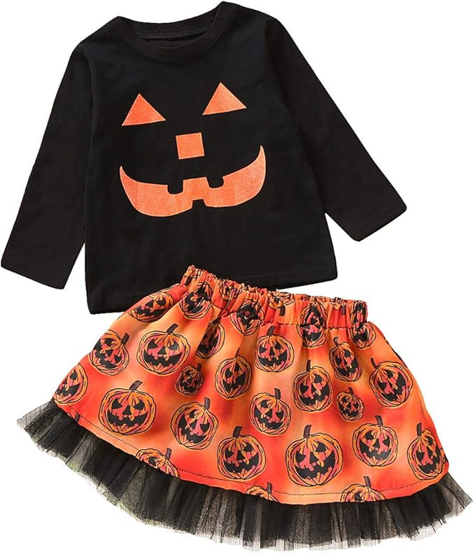 2Pcs Halloween Toddler Baby Girl Smile Pumpkin Tops+Tutu Tulle Skirt Outfits Long Sleeve Clothes | Amazon (US)