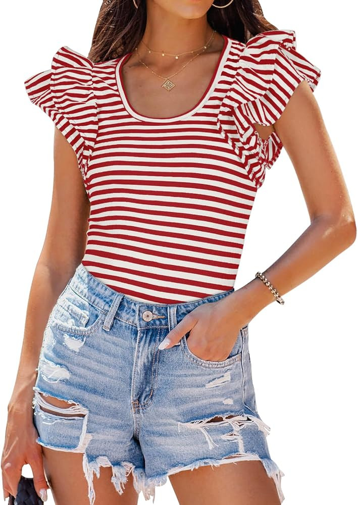 ZESICA Women's Ruffle Short Sleeve Striped T Shirts Summer Scoop Neck Slim Fitted Causal Basic Te... | Amazon (US)