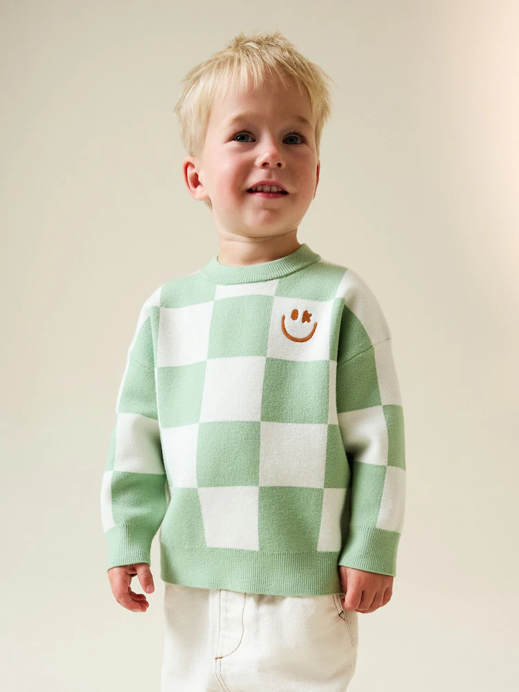 Green Checkerboard Knitted Crew Neck Jumper (3mths-7yrs) | Next US