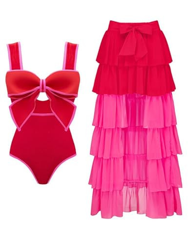 FLAXMAKER Bow Front Cut Out Color Block One Piece Swimsuit and Skirt (US, Alpha, Medium, Regular, Regular, Swimsuit and Skirt) | Amazon (US)