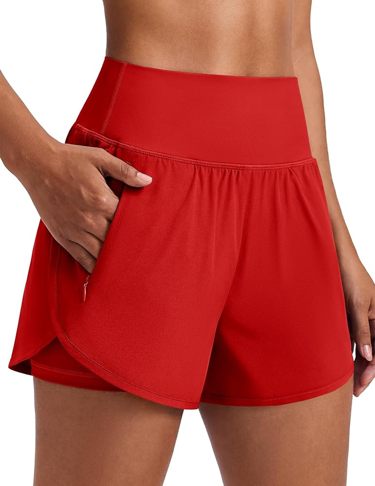 PINSPARK Women's 2 in 1 High Waisted Athletic Running Shorts 3" Dolphin Hem Quick Dry Workout Gym... | Amazon (US)