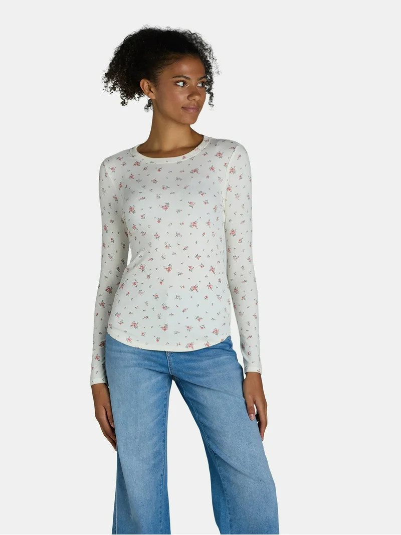 No Boundaries Ribbed Crewneck Tee with Long Sleeves, 1 or 2-Pack, Women's | Walmart (US)
