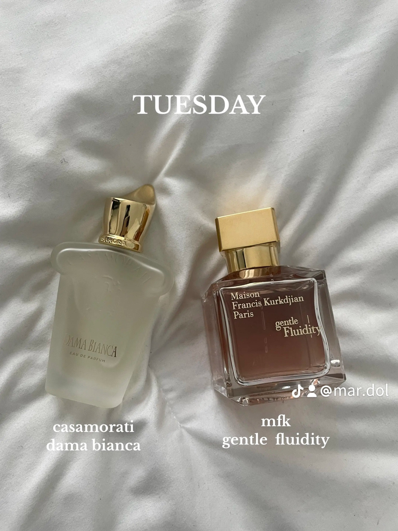 casamorati dama bianca + maison francis kurkdijan gentle fluidity gold 

use first time/welcome codes for discounts! 