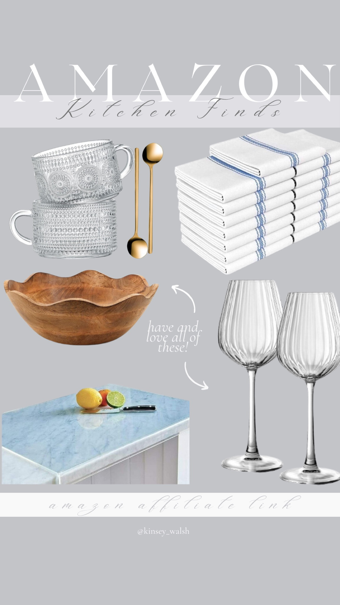 All of my recent Amazon kitchen fines!! Love my acrylic, cutting board these fluted wine glasses, the scalloped wood bowl, my beautiful glass coffee mug that I used every day and these pretty striped dish towels

#LTKfindsunder50 #LTKfindsunder100 #LTKhome