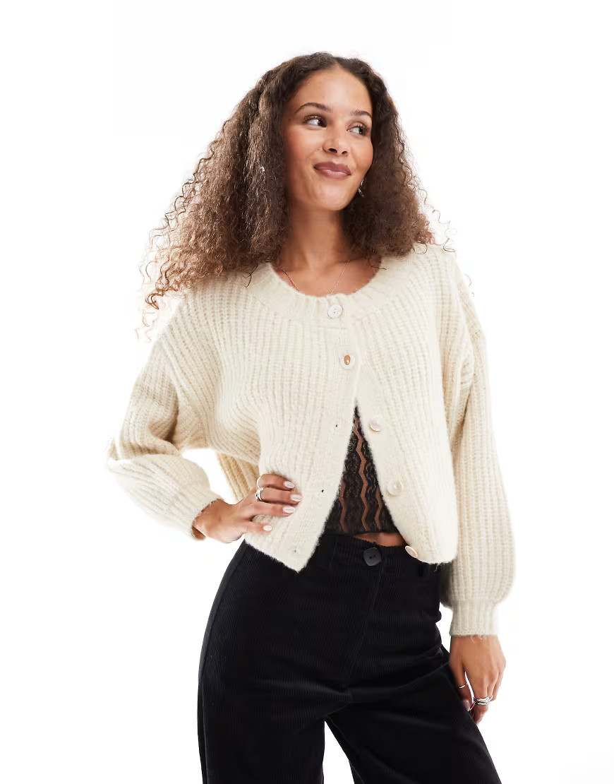 VRG GRL elsie fluffy ribbed knitted cardigan in cream-White | ASOS (Global)