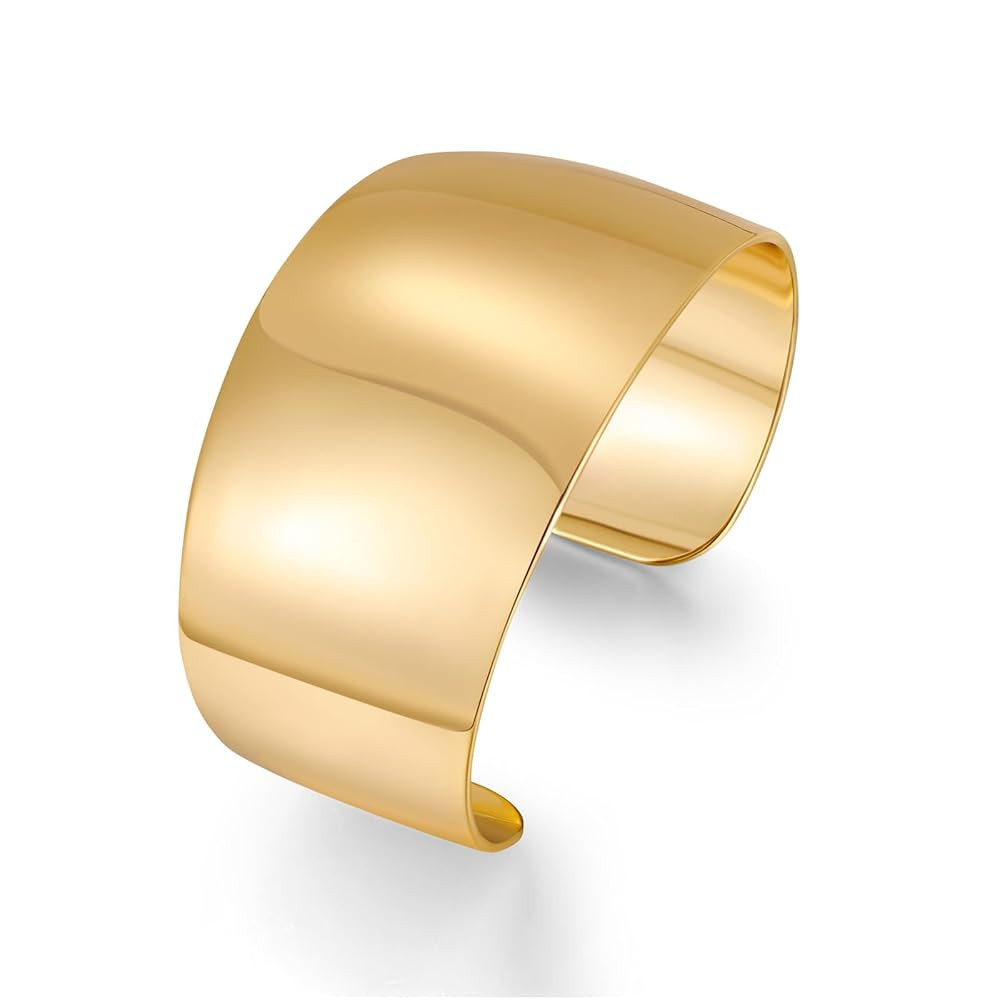 Gold Hammered Open Wide Cuff Bangle Bracelet for Women Smooth Polished Chunky Hollow Wide Cuff Br... | Amazon (US)