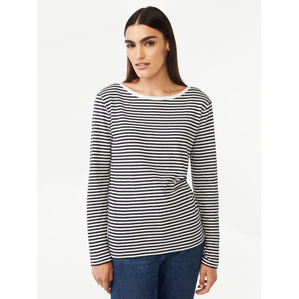 Free Assembly Women's Drop Shoulder Breton Tee with Long Sleeves - Walmart.com | Walmart (US)