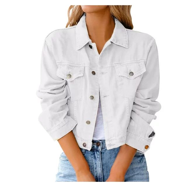 Huaai Women's Casual Long Sleeves Open Front Solid Jean Jacket Vintage Lapel Button Pocket Distre... | Walmart (US)