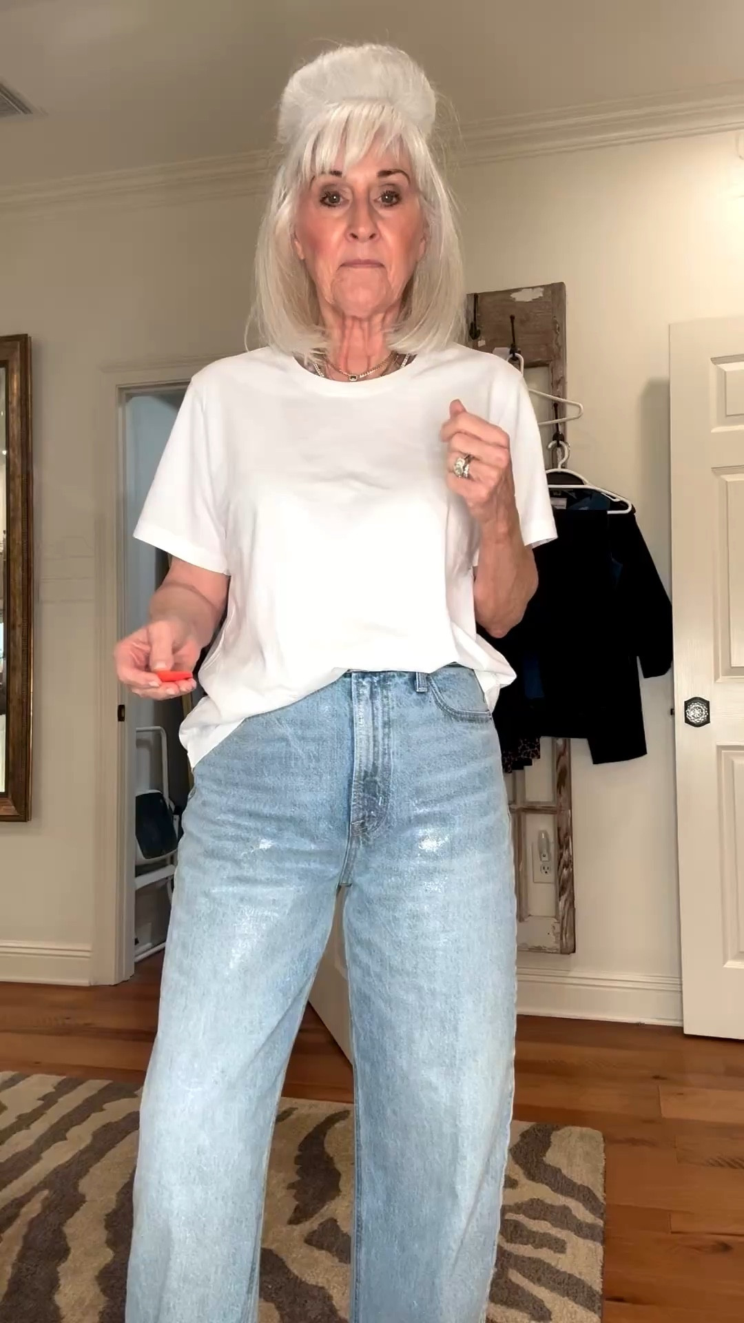 Running a couple of errands before I leave town this morning. These jeans are so fun with the silver threading! Glad to have this T-shirt from @theclassicT-shirtcompany. 

#LTKTravel #LTKdayinmylife #LTKSaleAlert