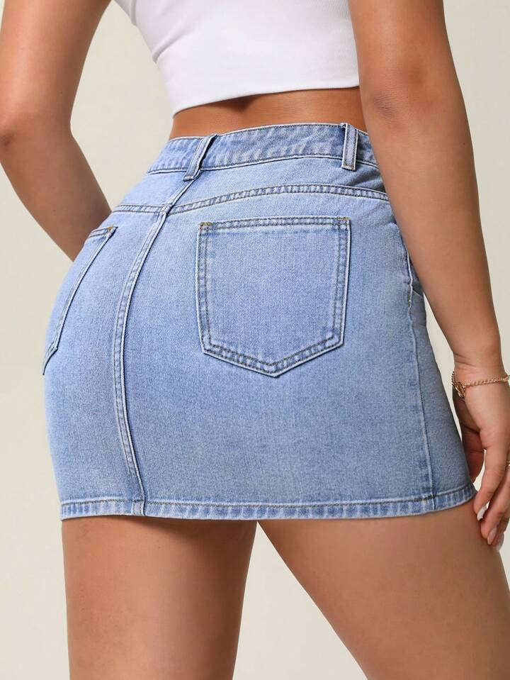 SHEIN Essnce Women Summer Casual Slim Fit Washed Denim Mini Skirt | SHEIN