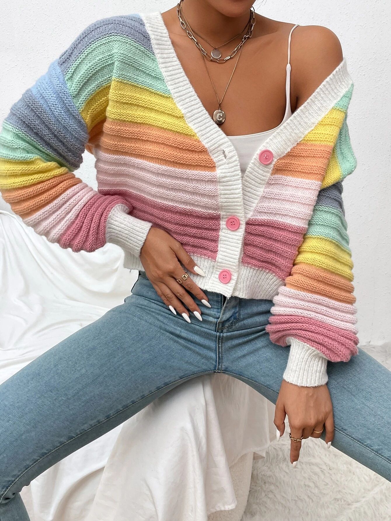 V-neck Colorblock Button Up Cardigan | SHEIN
