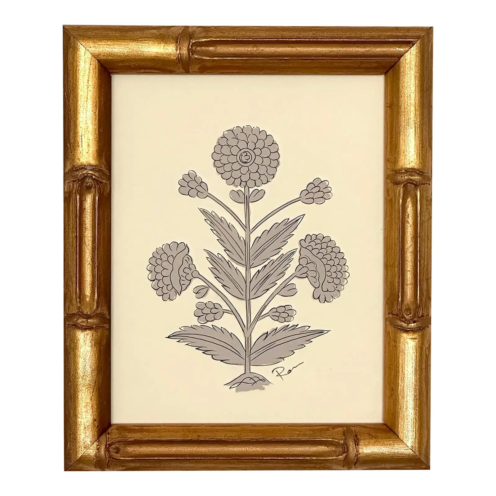 Hand-Painted Jaipuri Floral Motif Painting in Light Mocha. Framed | Chairish