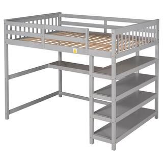 Gray Full Size Loft Bed with Storage Shelves and Under-Bed Desk | The Home Depot