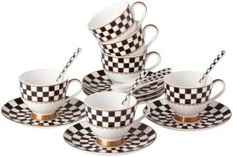 Porlien 6-ounce Porcelain Checker Teacups and Saucers Set of 6 with Spoons, Coffee Cups Set | Amazon (US)