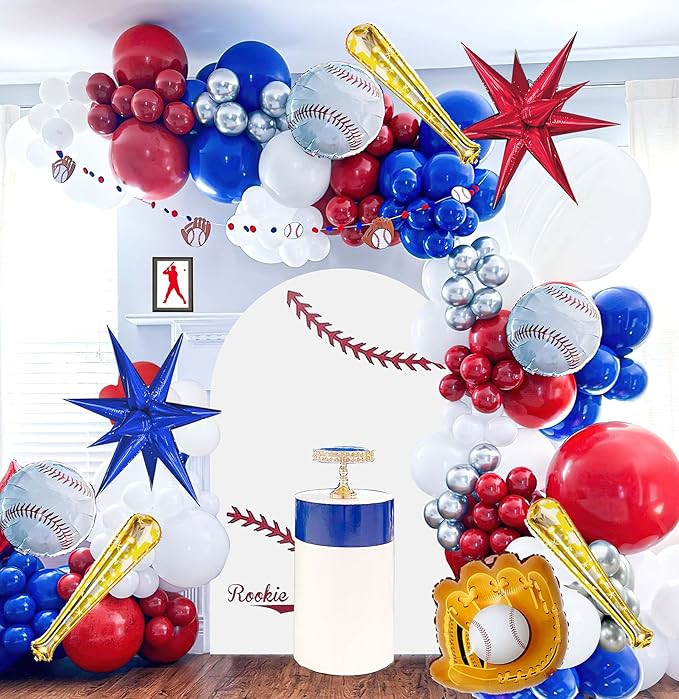 Baseball Balloon garland arch kit 150pcs Red Blue White Silver and Starburst Baseball bat glove b... | Amazon (US)