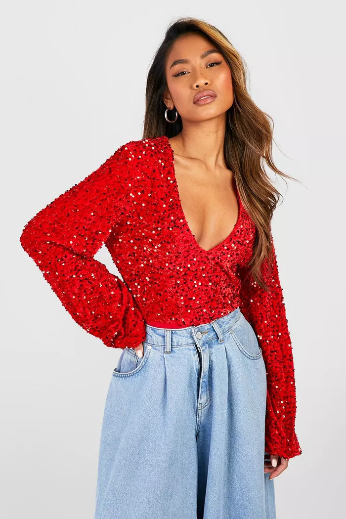 Red Sequin Volume Sleeve Plunge Bodysuit | Boohoo.com (UK & IE)