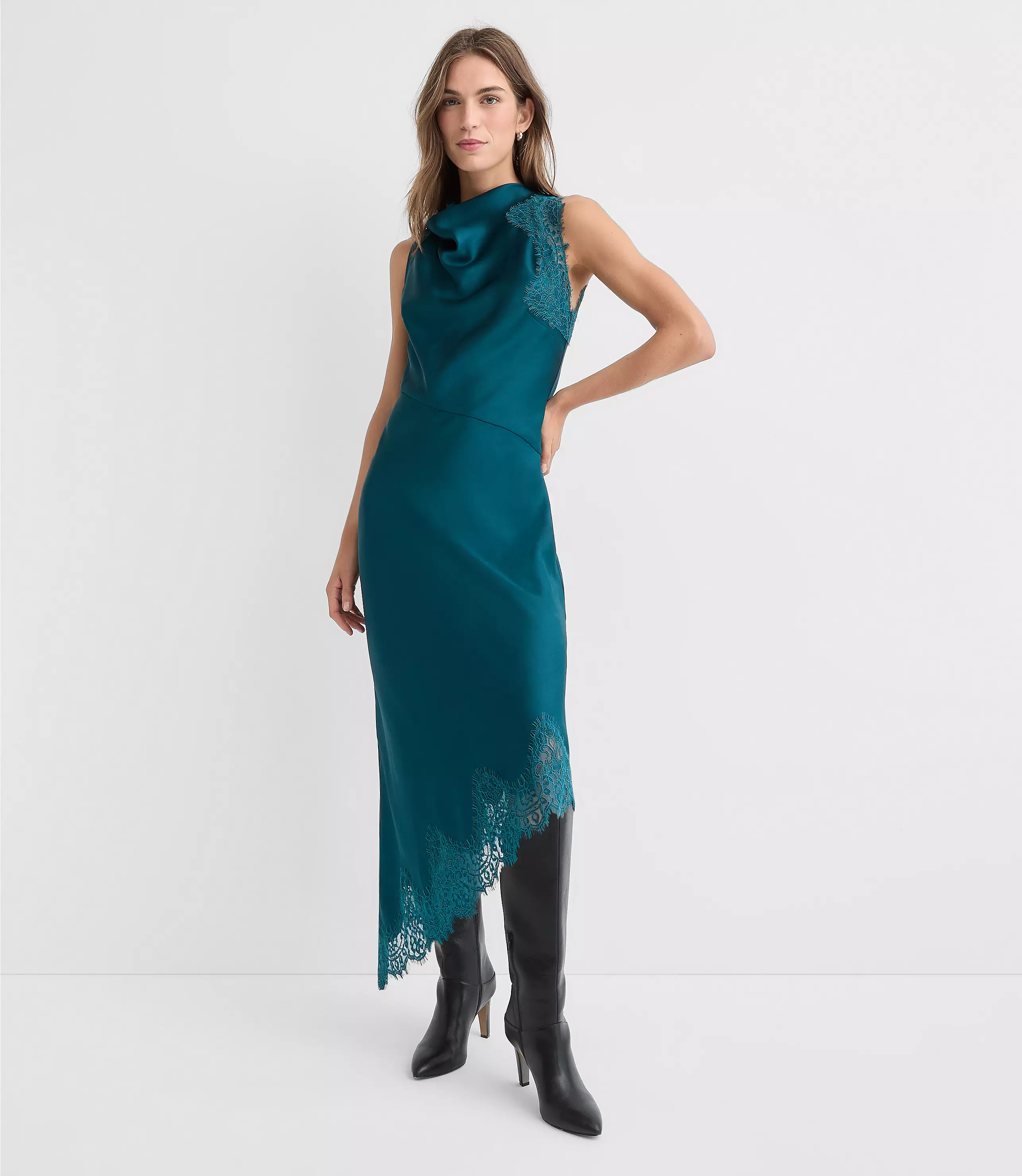 Lace Trim Satin Bias Midi Dress | LOFT