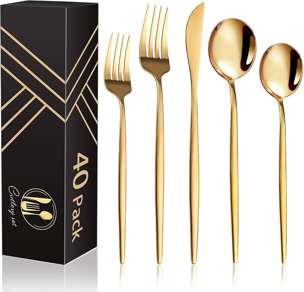 40-Piece Gold Silverware Set for 8, Titanium Gold Plated 18/0 Stainless Steel Flatware Set, Cutle... | Amazon (US)