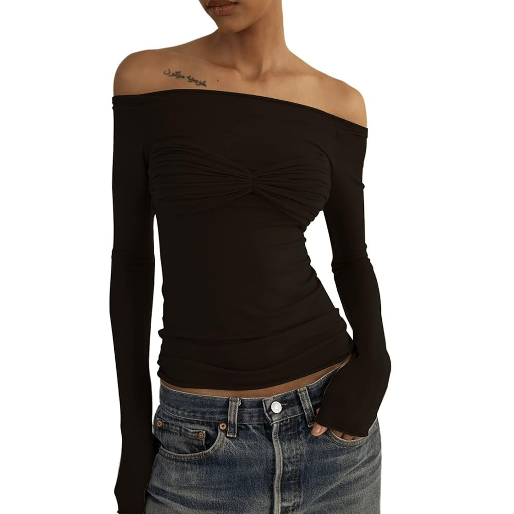 Women's Sexy Crop Top Long Sleeve Off Shoulder Going Out Tops Slim Fit Mesh Ruched Twisted Blouse... | Amazon (US)
