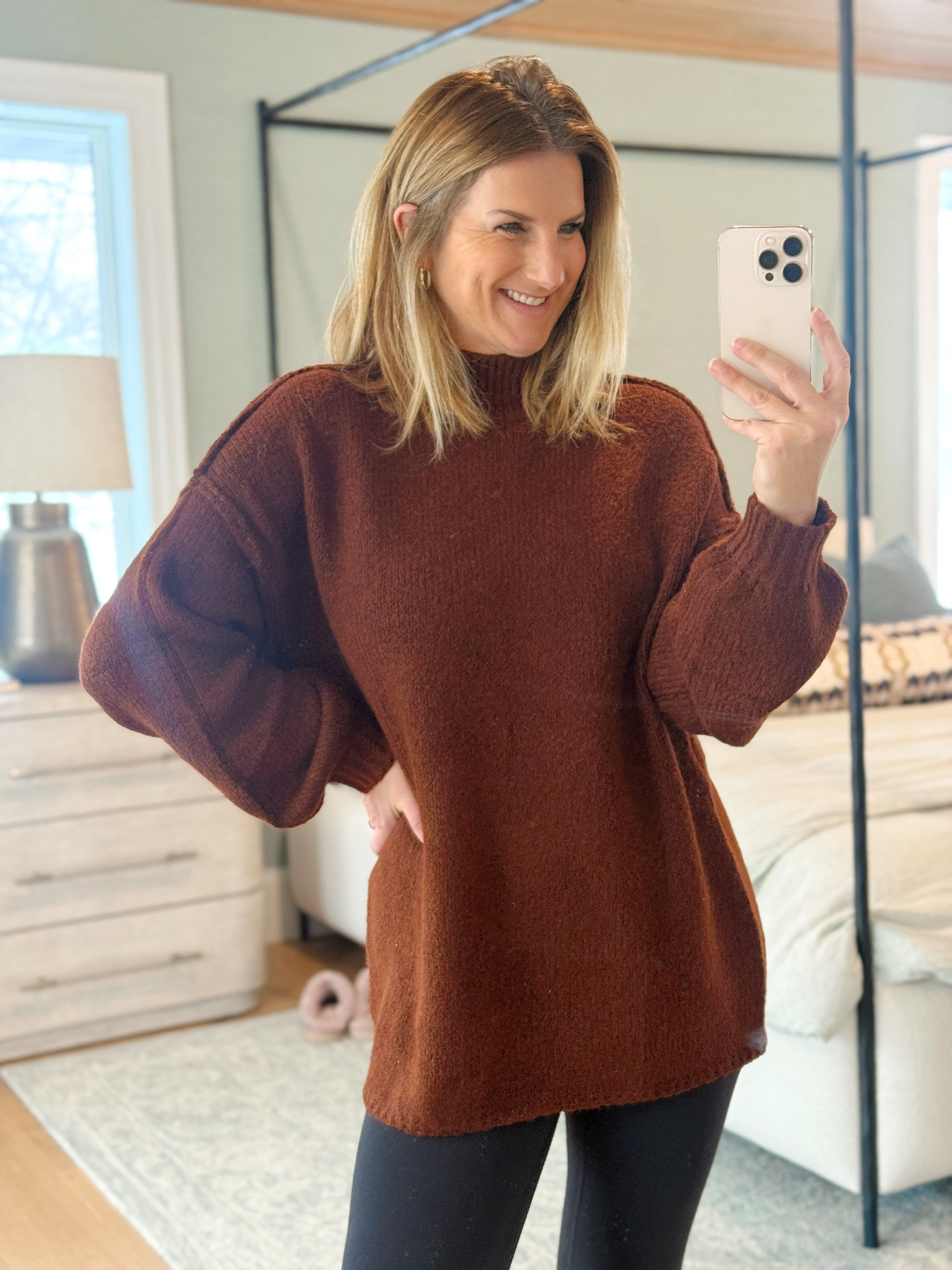 The latest leggings friendly Amazon sweater to join my closet! Fits oversized, wearing in small in coffee brown!

#LTKootd #LTKFindsUnder50