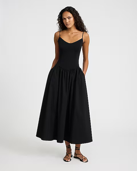 Mixed Media V-Neck Sleeveless Drop Waist Midi Dress | Express