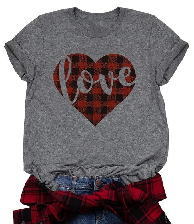 MNLYBABY Valentines Day T-Shirt Buffalo Plaid Heart Tops Tees Letter Print 3/4 Raglan Shirts Grap... | Amazon (US)