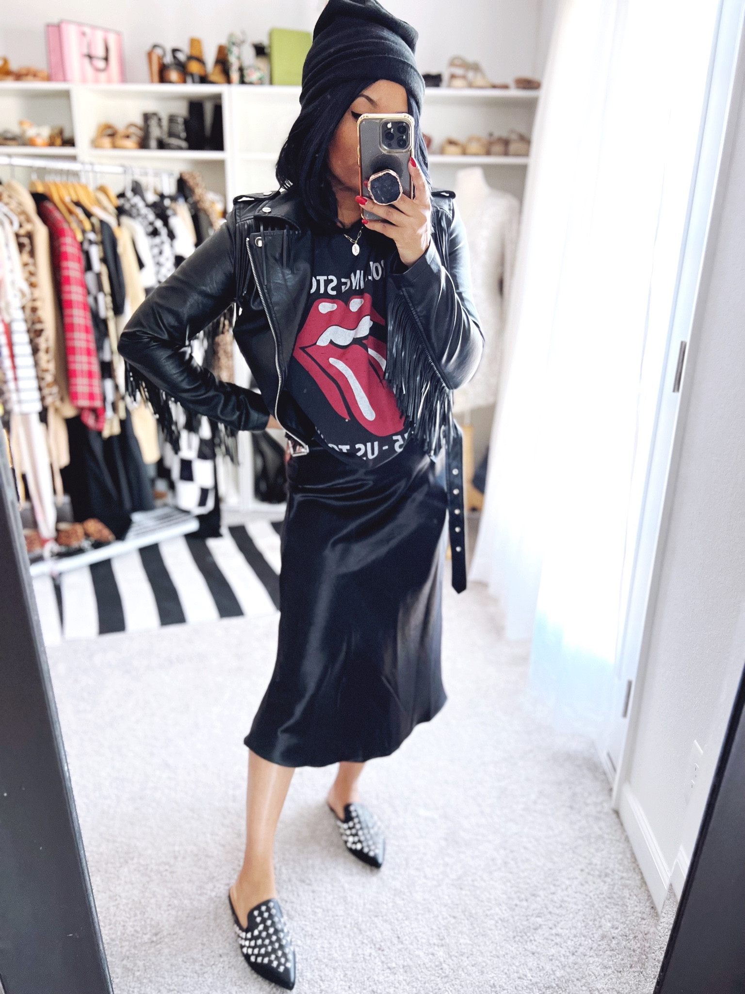 fringe jacket, leather jacket, fringe faux leather jacket, Rolling Stones t-shirt, band t-shirt, band tee, black midi skirt, edgy outfit, western style, edgy style, faux leather, studded shoes, 

#LTKshoecrush
#LTKunder100

#LTKstyletip #LTKshoecrush #LTKFind