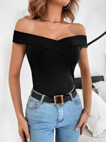 Rib-Knit Off Shoulder Tee
   SKU: sw2205034422004426      
          (204 Reviews)
            US... | SHEIN