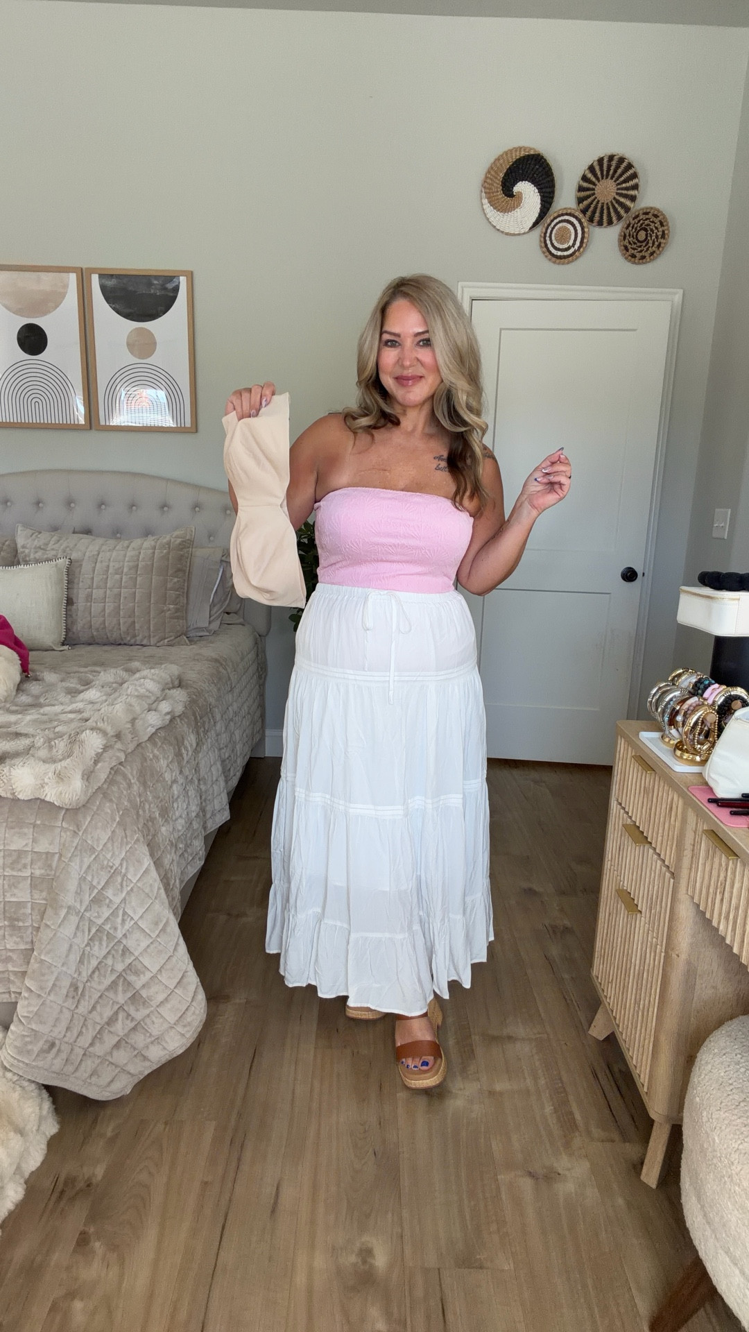 I wear the 34FF in the first bra and a36G in the second. Size large tube top, size medium skirt and shoes are tts 

#LTKMidsize #LTKPetite #LTKOver40